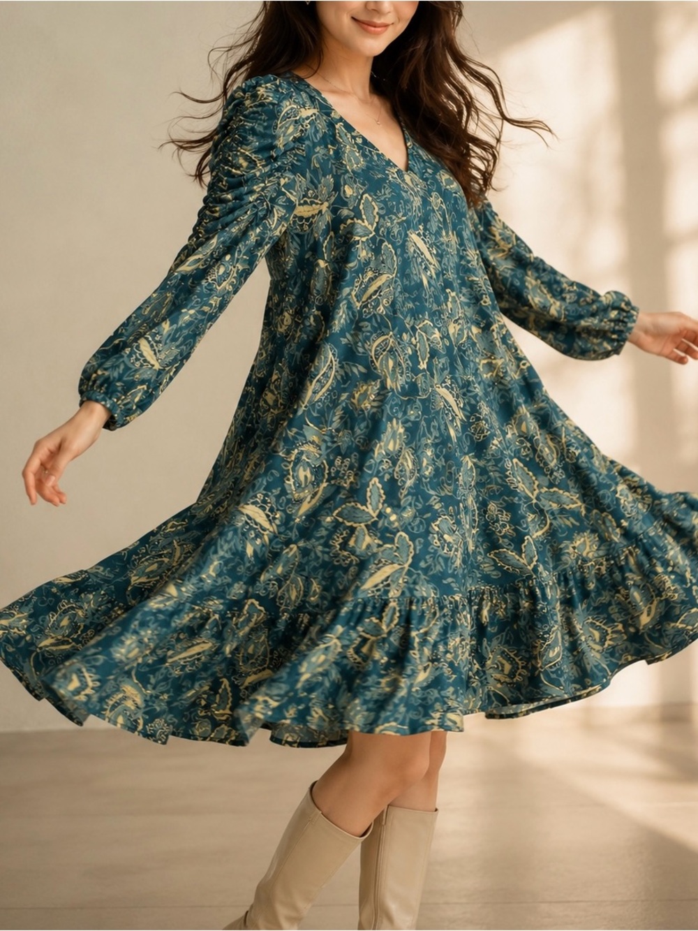 Free People Tunic Dress Women Large Teal Green  Floral Paisley Long Puff‎ Sleeve